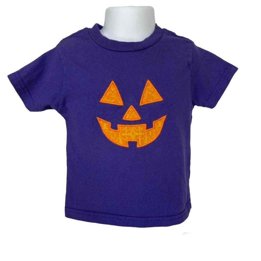 Girls 3 Purple Short Sleeve Pumpkin Jack-O-Lantern Face Halloween Tee Shirt